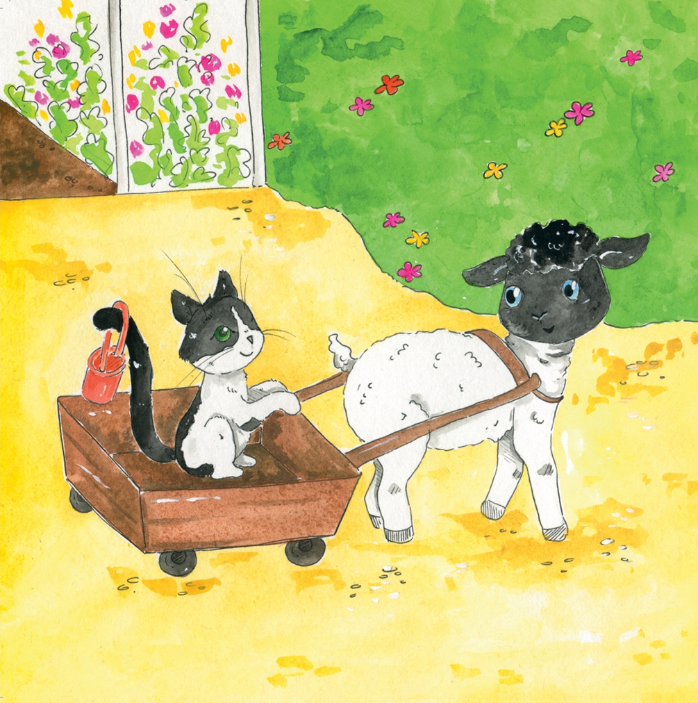 Henkie de kat in een houten kar, getrokken door Semmie het schaap